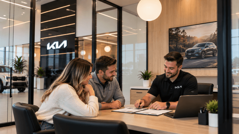 Kia of Lincoln finance consultant reviewing vehicle financing and leasing options with customers in a modern dealership office.