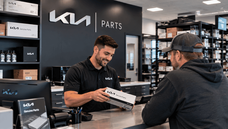 Kia of Lincoln parts specialist assisting a customer with Genuine Kia Parts and accessories at the dealership parts counter in Lincoln, Nebraska.