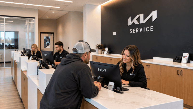 Kia of Lincoln service advisors assisting a customer at the modern service reception desk in Lincoln, Nebraska.