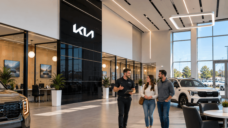 Friendly Kia of Lincoln sales consultant helping customers explore new and pre-owned vehicles in the modern showroom in Lincoln, Nebraska.