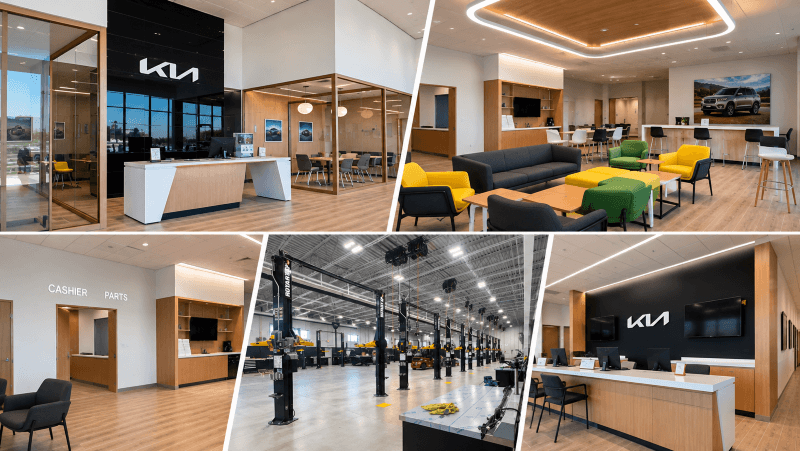 Inside the new Kia of Lincoln dealership in South Lincoln, featuring the showroom, customer lounge, service center, and reception areas.