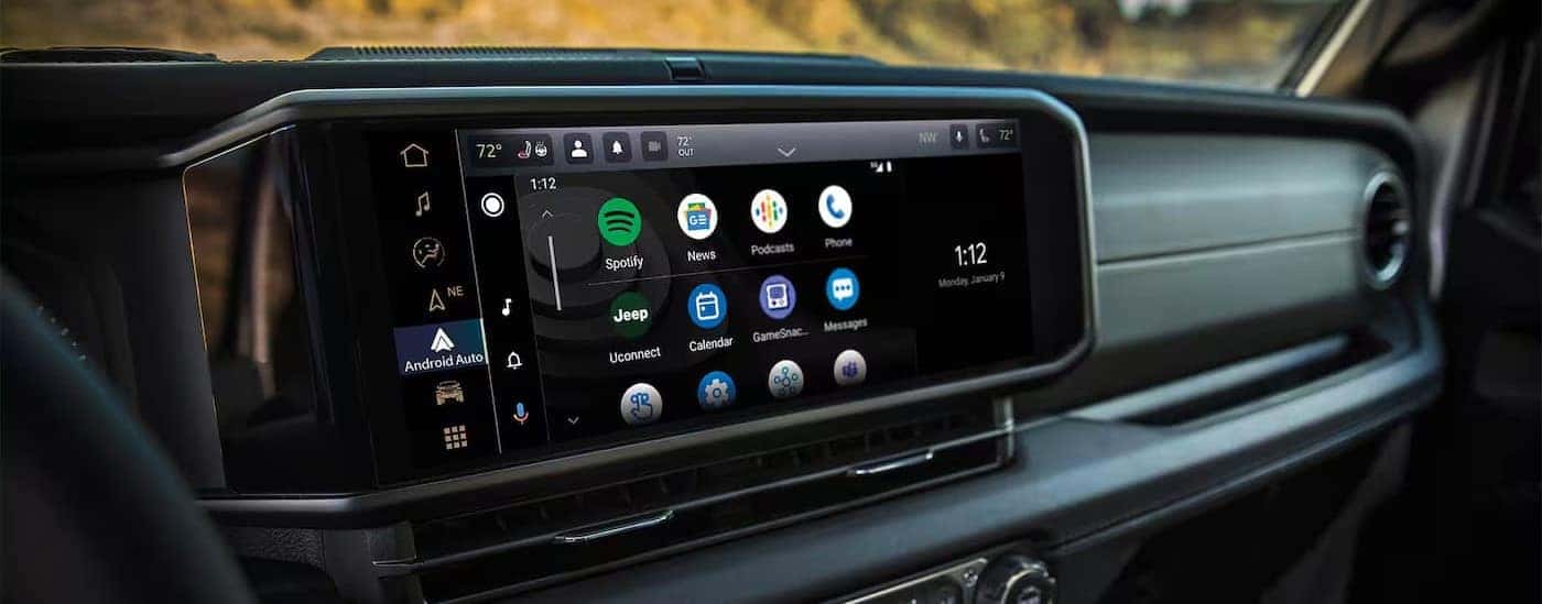 A close-up of an infotainment screen in a 2025 Jeep Wrangler for sale near Concord.
