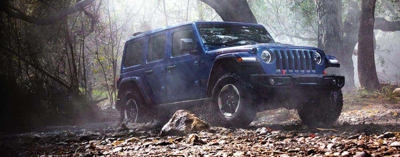 A blue 2023 Jeep Wrangler Unlimited Rubicon for sale parked in a forest.