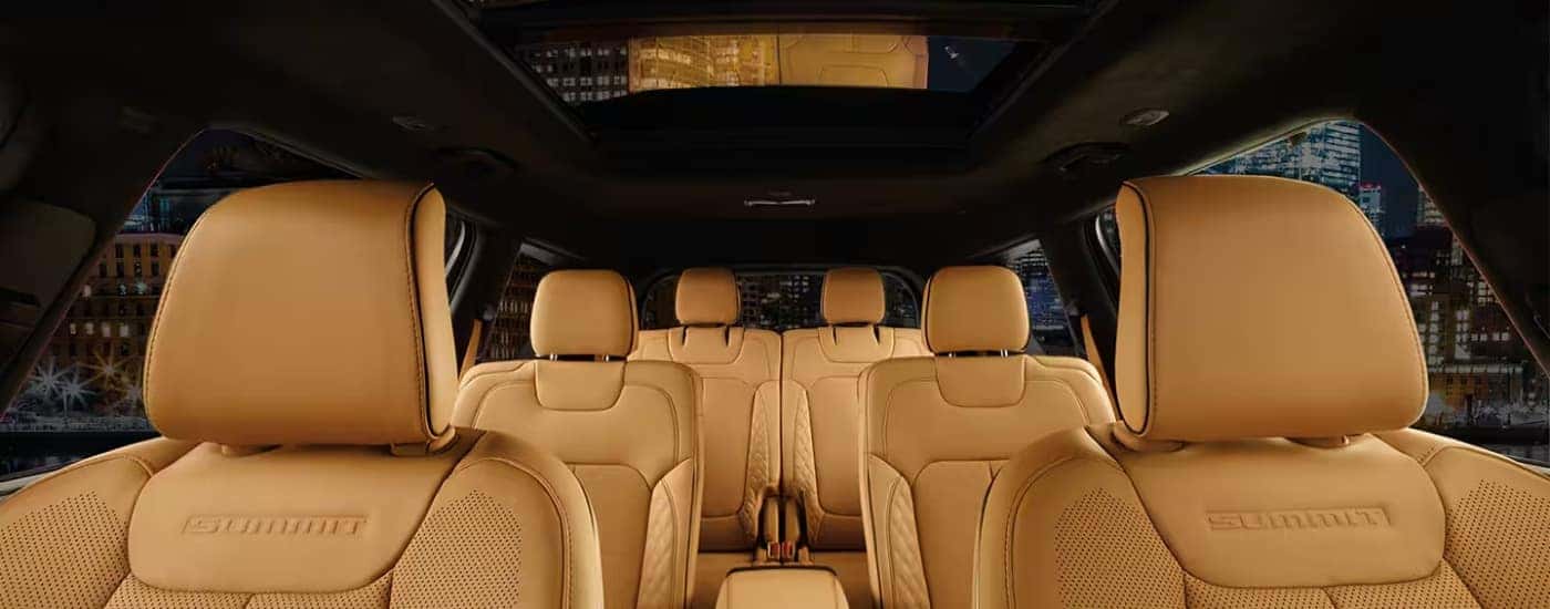 The tan interior of a 2025 Jeep Grand Cherokee L for sale near Huntersville.