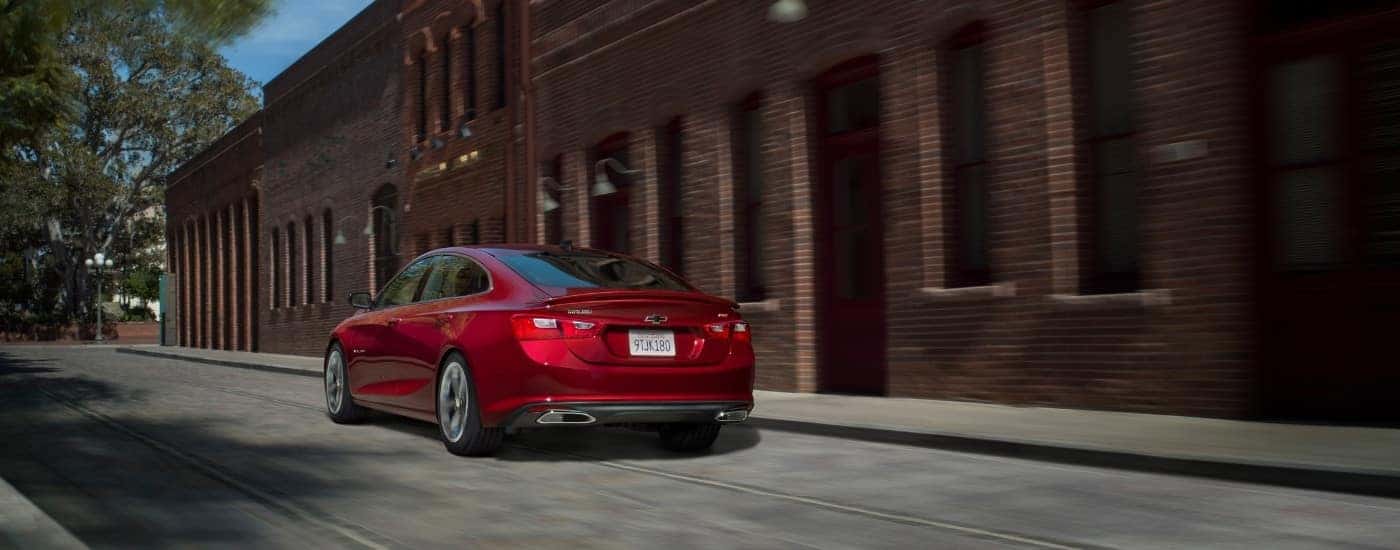 A red 2019 Chevy Malibu from the rear.