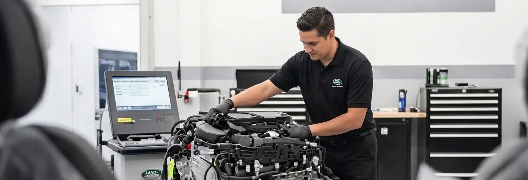 Land Rover-certified technician servicing a vehicle engine in the shop
