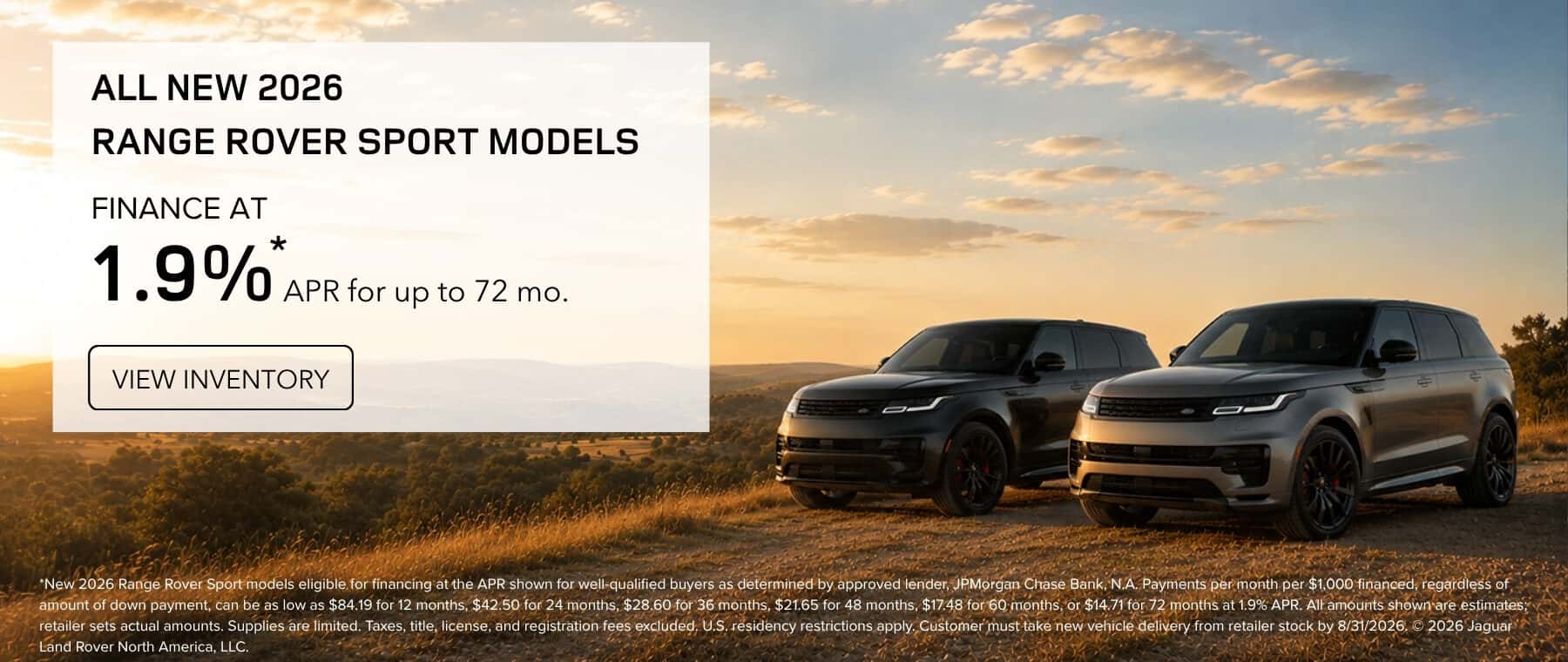 Finance at 1.9% APR* for 72 months on 2026 Range Rover Sport