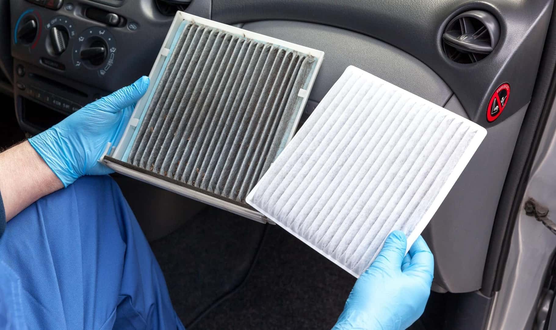 Cabin air filter both clean and dirty in a car