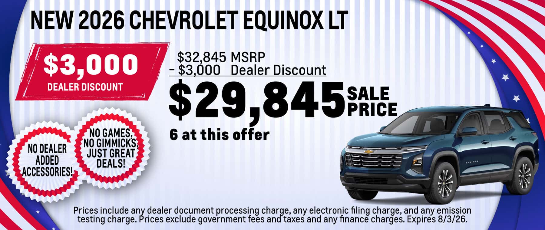 Purchase a New 2026 Chevrolet Silverado Equinox LT with $3,000 Dealer Discount from MSRP! Expires 8/3/26.