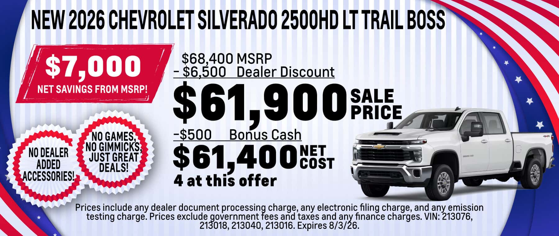 Purchase a New 2026 Chevrolet Silverado 2500HD LT Trail Boss with $7,000 Net Savings from MSRP! Expires 8/3/26.