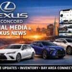 Lexus of Concord social media and Lexus news banner featuring ES sedan RX and TX SUVs with Bay Area skyline