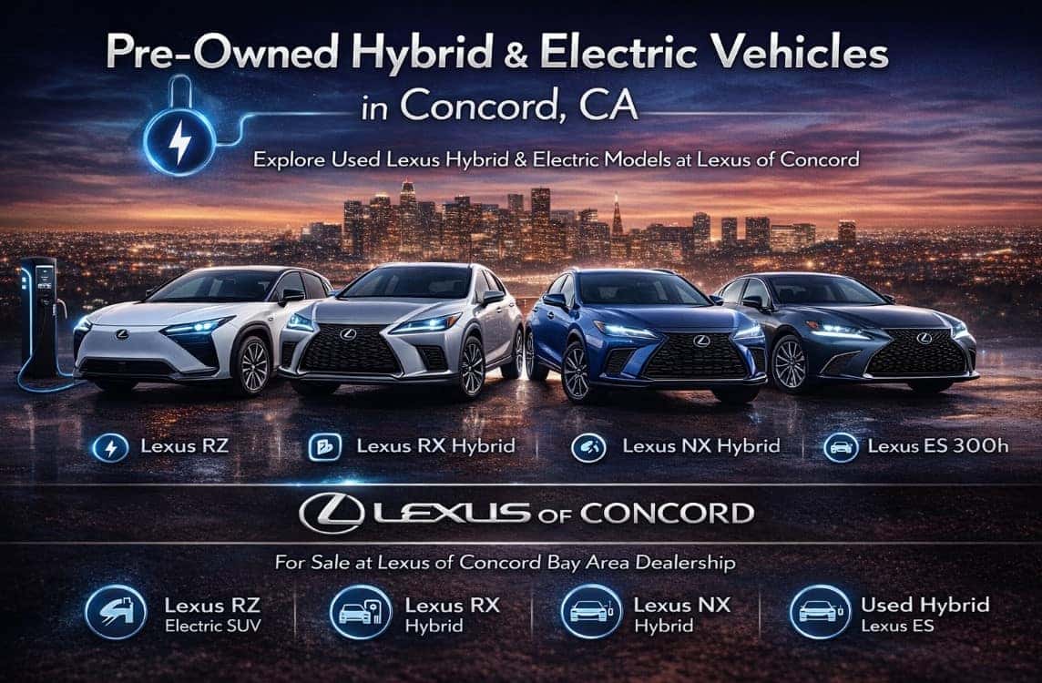 Pre-owned and Used Lexus hybrid and electric vehicles including ES 300h, NX Hybrid, RX Hybrid and Lexus RZ at Lexus of Concord dealership in Concord CA