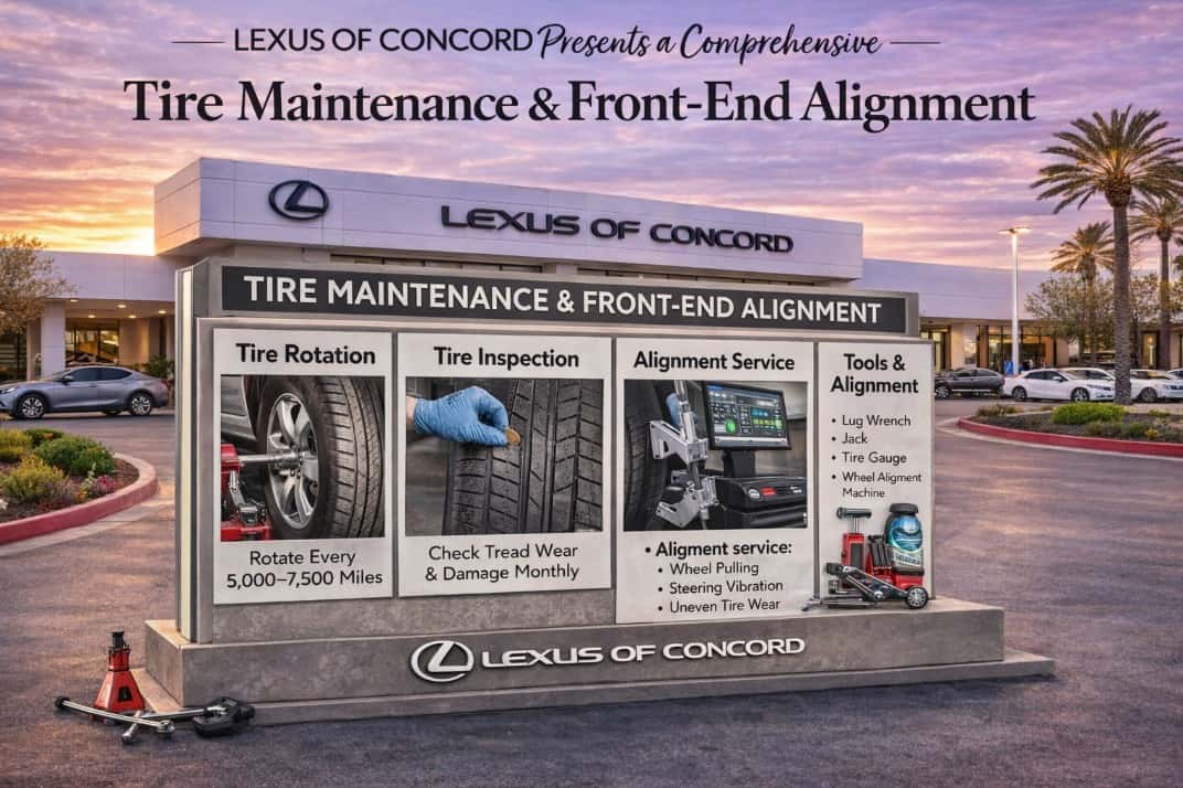 Lexus tire maintenance and front end alignment guide displayed in front of Lexus of Concord dealership in Concord California