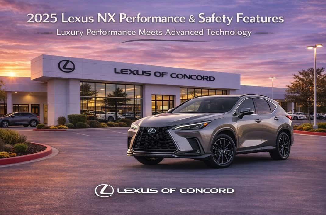 2025 Lexus NX luxury SUV parked in front of Lexus of Concord dealership showcasing performance and safety technology