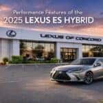 2025 Lexus ES 300h hybrid luxury sedan parked in front of Lexus of Concord dealership in Concord California