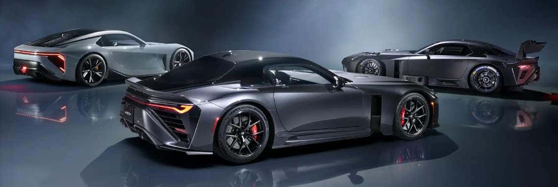 Toyota GR GT supercar with GR GT3 race car and Lexus LFA successor concept showcasing Gazoo Racing future performance vehicles