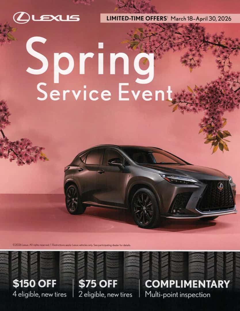 Spring tire sale at Lexus of Concord service department with Lexus vehicle getting new tires Concord CA