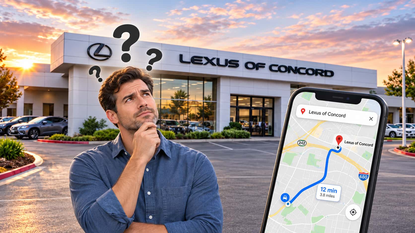 Where is Lexus of Concord? A driver exploring Google Maps directions to Lexus of Concord in Concord, CA, serving Oakland, Berkeley, Fremont, Pleasanton, Napa, Sacramento, and Northern California.