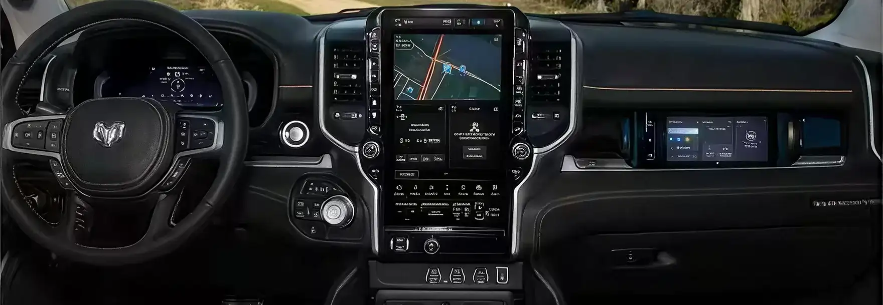 Cockpit of the 2027 Ram 1500 Tungsten with the digital cluster and 14.5-inch touchscreen