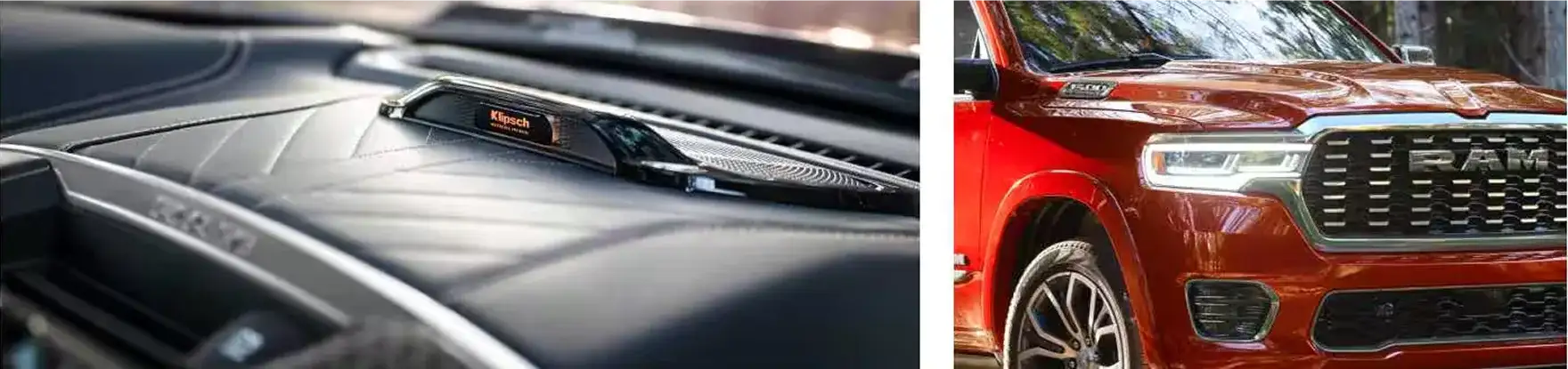Dashboard trim detail of the 2027 Ram 1500 beside the front grille of a red Ram 1500