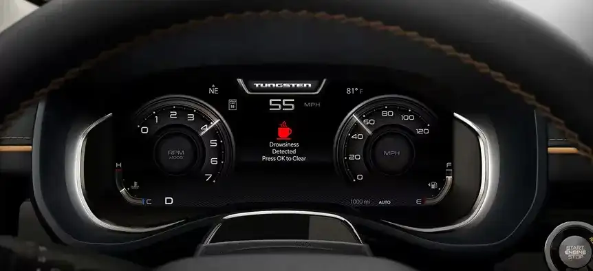 Digital cluster of the 2027 Ram 1500 showing a drowsy driver alert