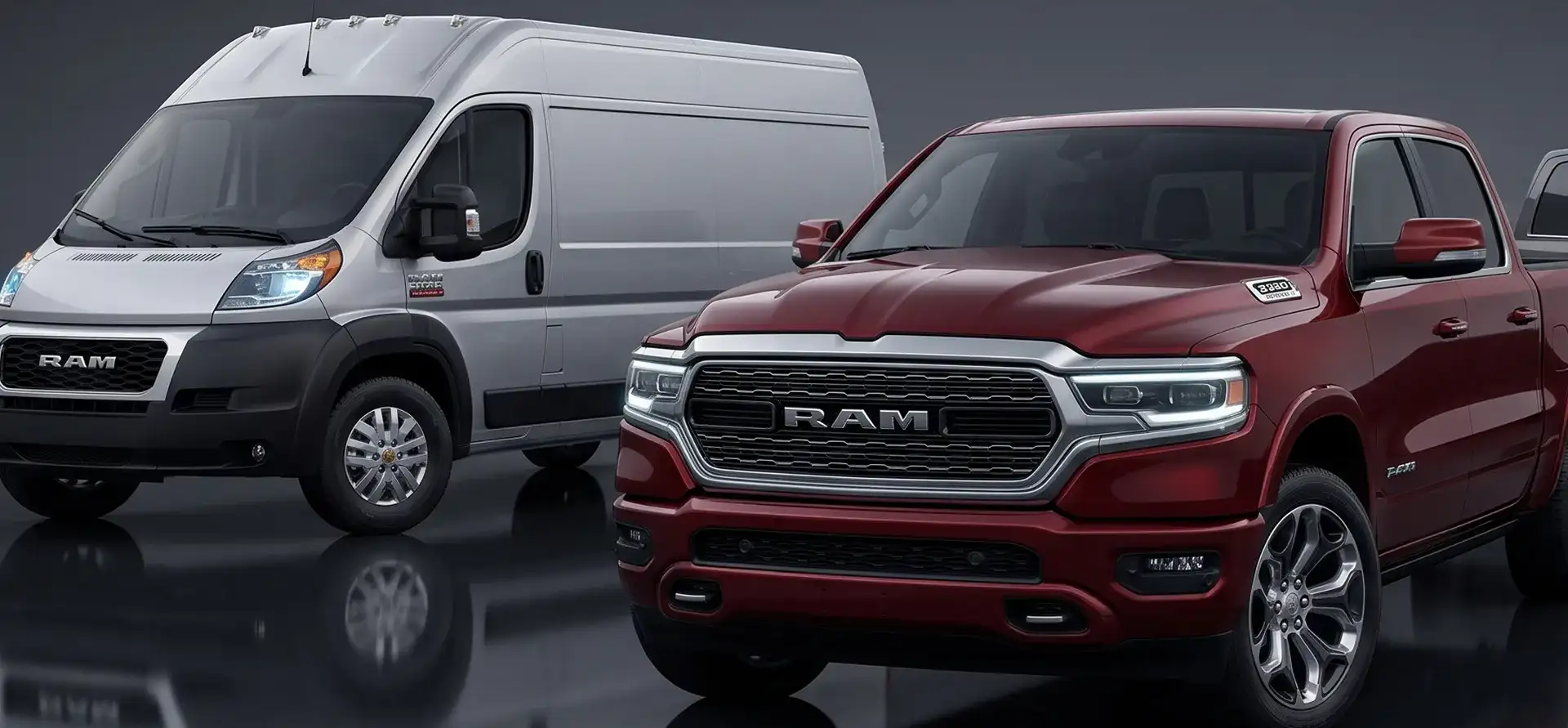 Ram ProMaster cargo van and Ram 1500 pickup shown side by side