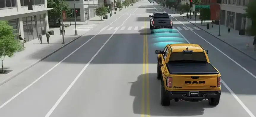 Illustration of a Ram 1500 steering into a clear lane to avoid a frontal collision