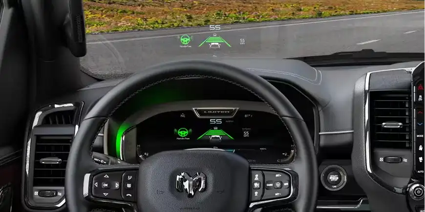Head-up display projected on the 2027 Ram 1500 windshield
