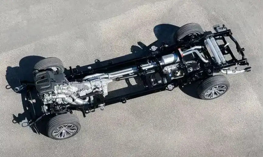 Underbody view of the 2027 Ram 1500 steel frame and coil spring rear suspension