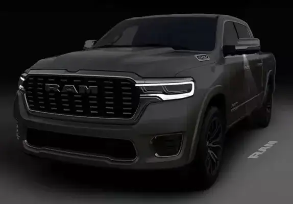 Front end of the 2027 Ram 1500 lit by its LED walk-up animation in the dark