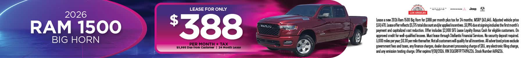 2026 Ram 1500 Big Horn lease offer at Los Angeles Chrysler Dodge Jeep Ram in Los Angeles, CA
