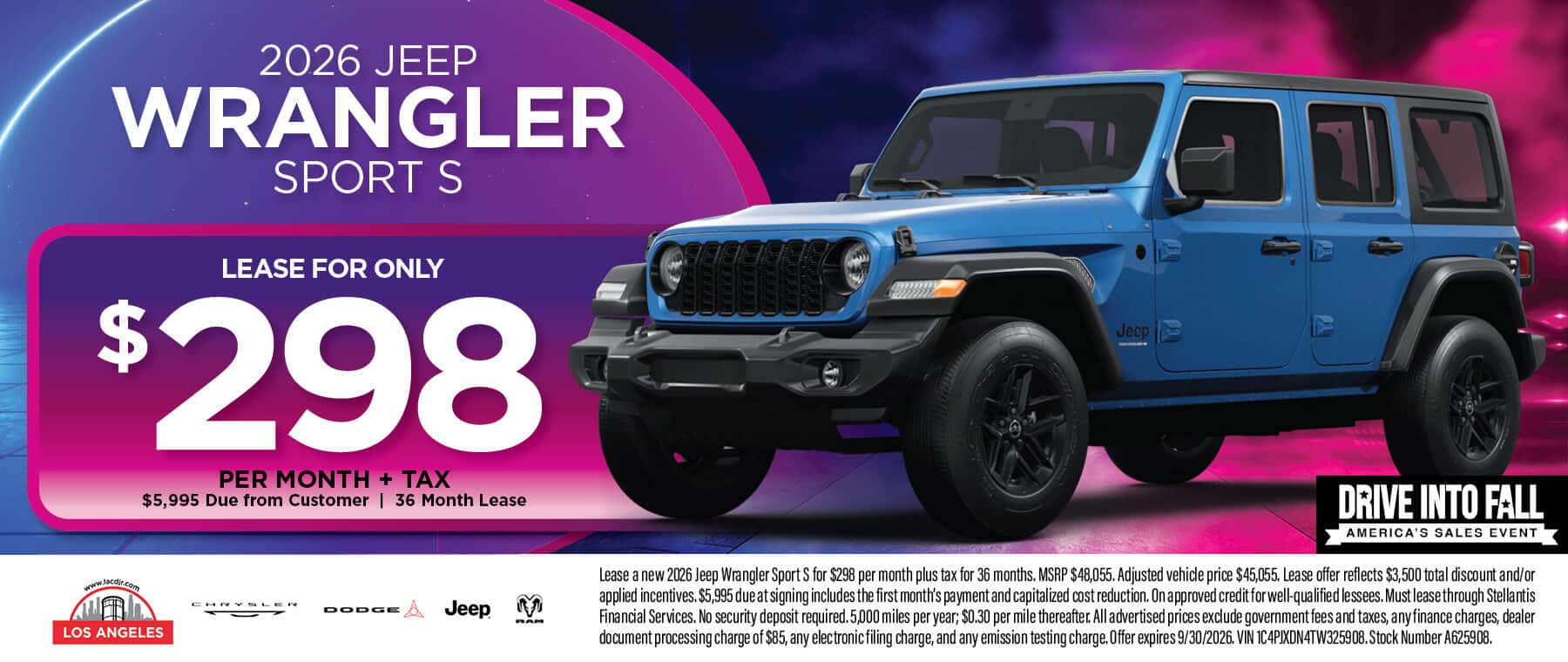 2026 Jeep Wrangler Sport S lease offer at Los Angeles Chrysler Dodge Jeep Ram in Los Angeles, CA