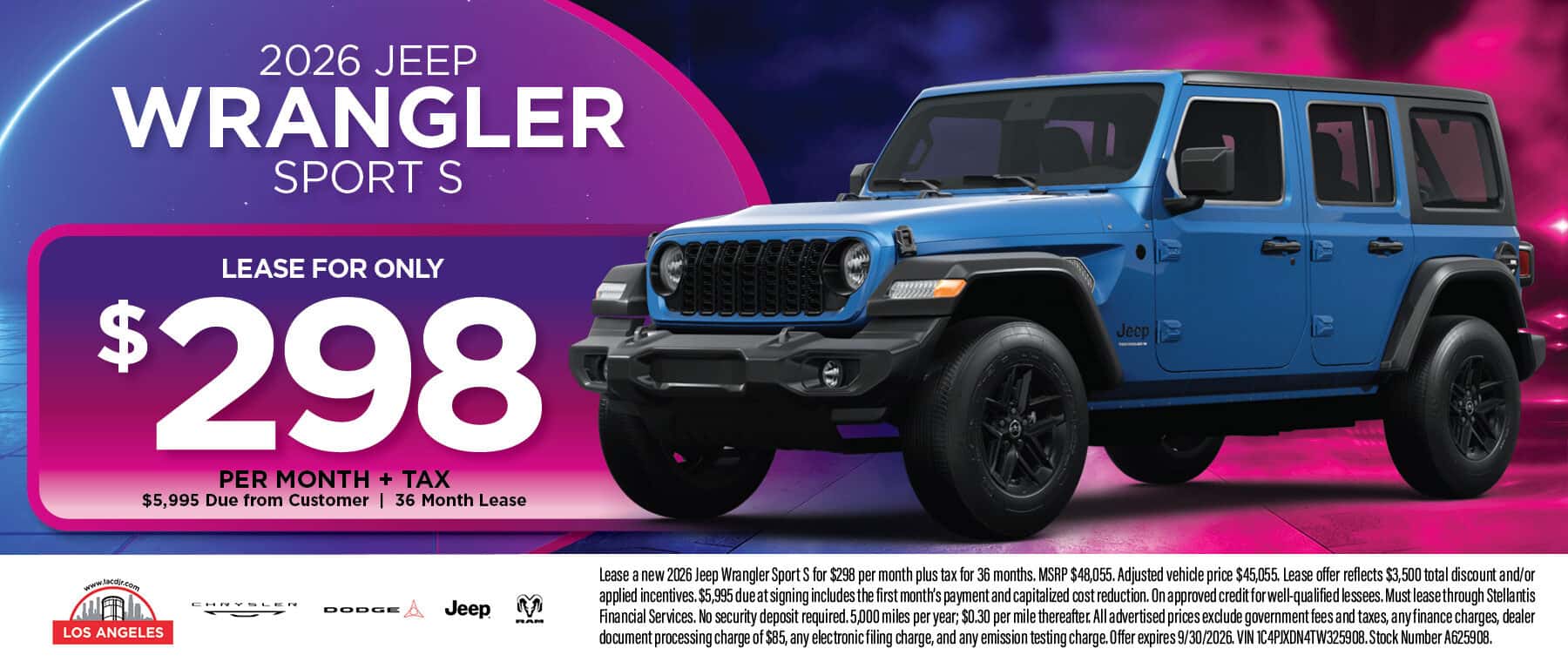 2026 Jeep Wrangler Sport S lease offer at Los Angeles Chrysler Dodge Jeep Ram in Los Angeles, CA