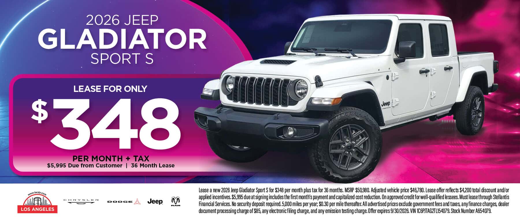 2026 Jeep Gladiator Sport S lease offer at Los Angeles Chrysler Dodge Jeep Ram in Los Angeles, CA