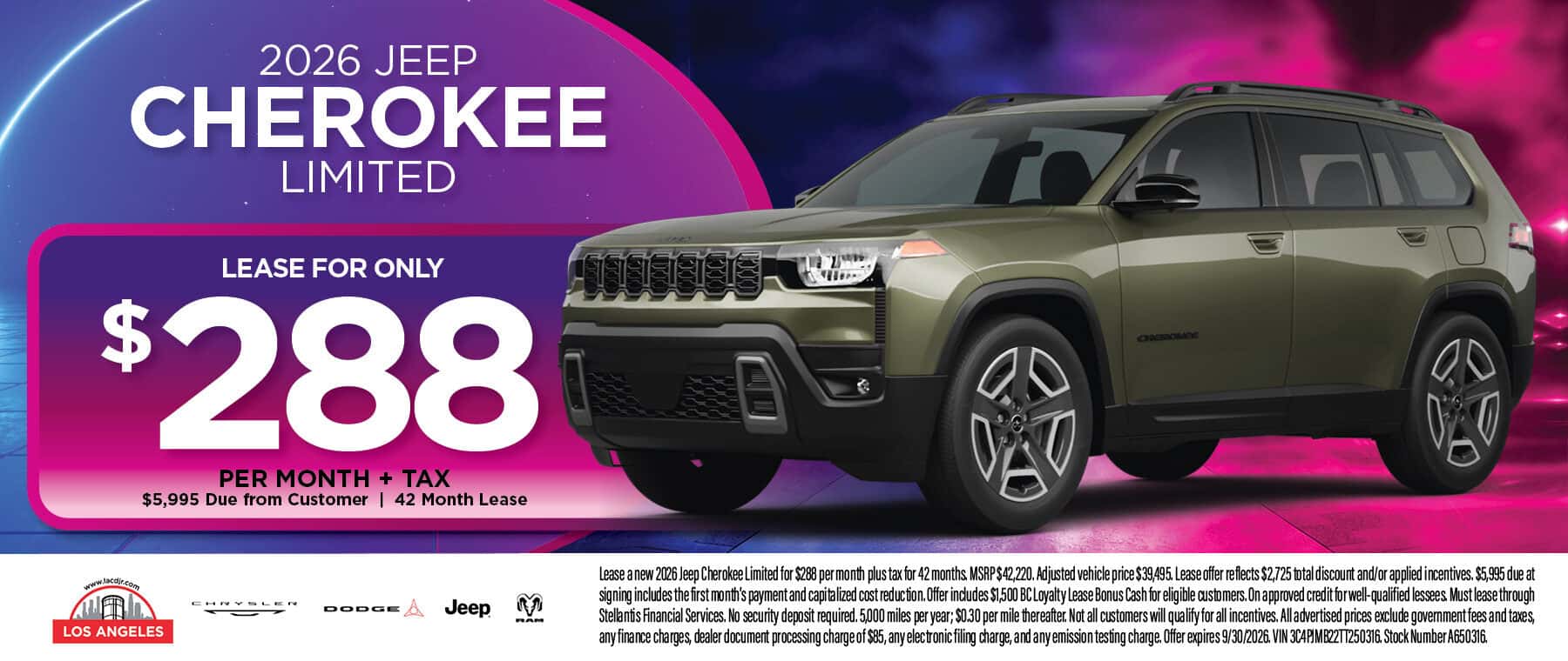 2026 Jeep Cherokee Limited lease offer at Los Angeles Chrysler Dodge Jeep Ram in Los Angeles, CA