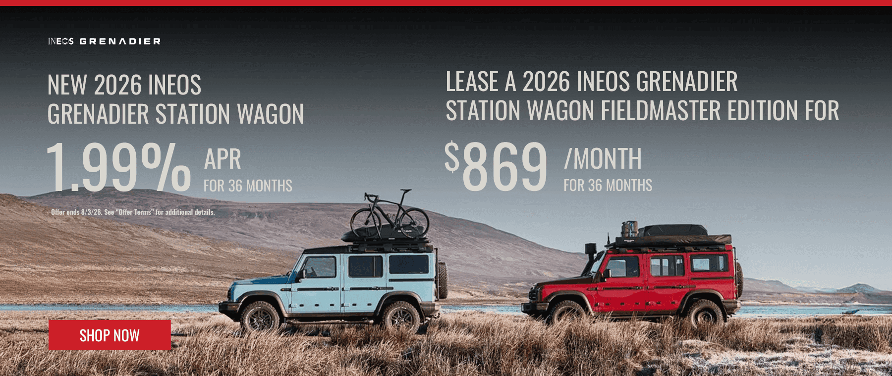 Headline New 2026 Ineos Grenadier Station Wagon 1.99% APR for 36 Months Subtext Lease a 2026 Ineos Grenadier Station Wagon Fieldmaster Edition for $869/mo for 36 Months