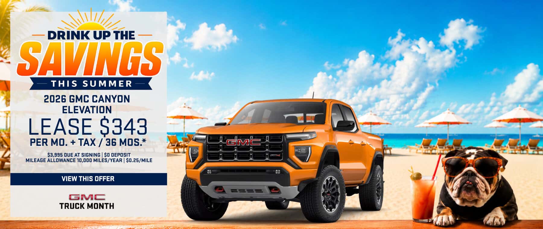 2026 GMC Canyon Elevation 4WD lease offer during the Drink Up The Savings Summer Event serving Valencia, Santa Clarita, Stevenson Ranch, Castaic, Saugus, Newhall and Canyon Country.