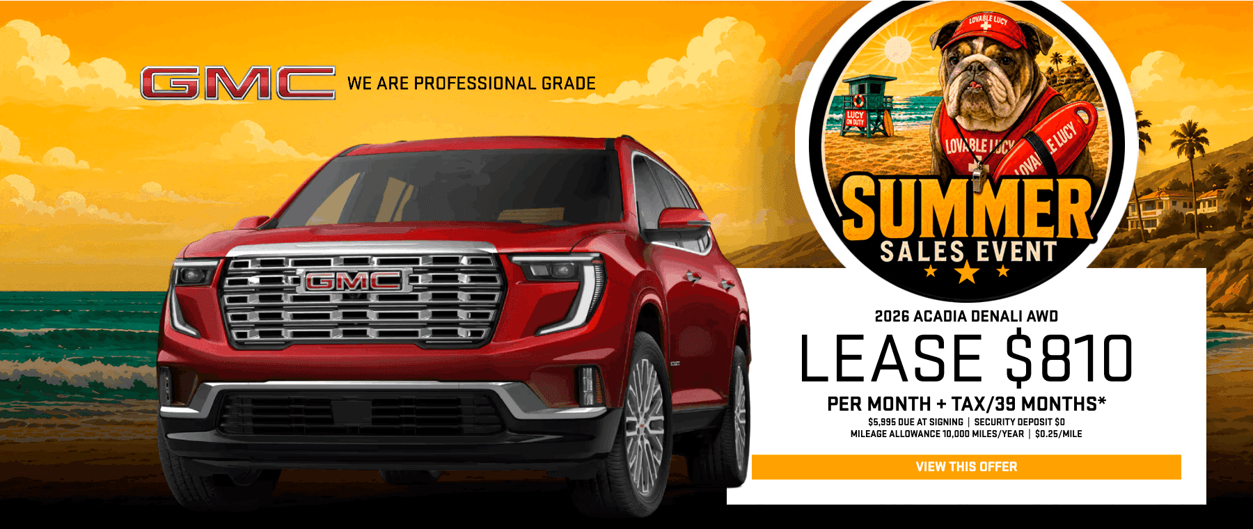 2026 GMC Acadia Denali AWD luxury SUV banner featuring an $810 monthly lease special during the Summer Sales Event at Magic GMC.