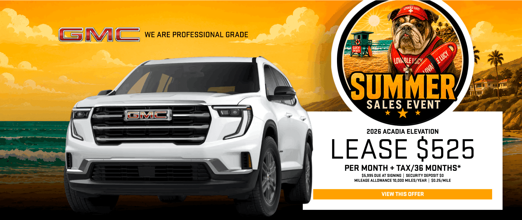 2026 GMC Acadia Elevation midsize SUV lease promotion banner advertising $525 per month at Magic GMC in Valencia, CA.