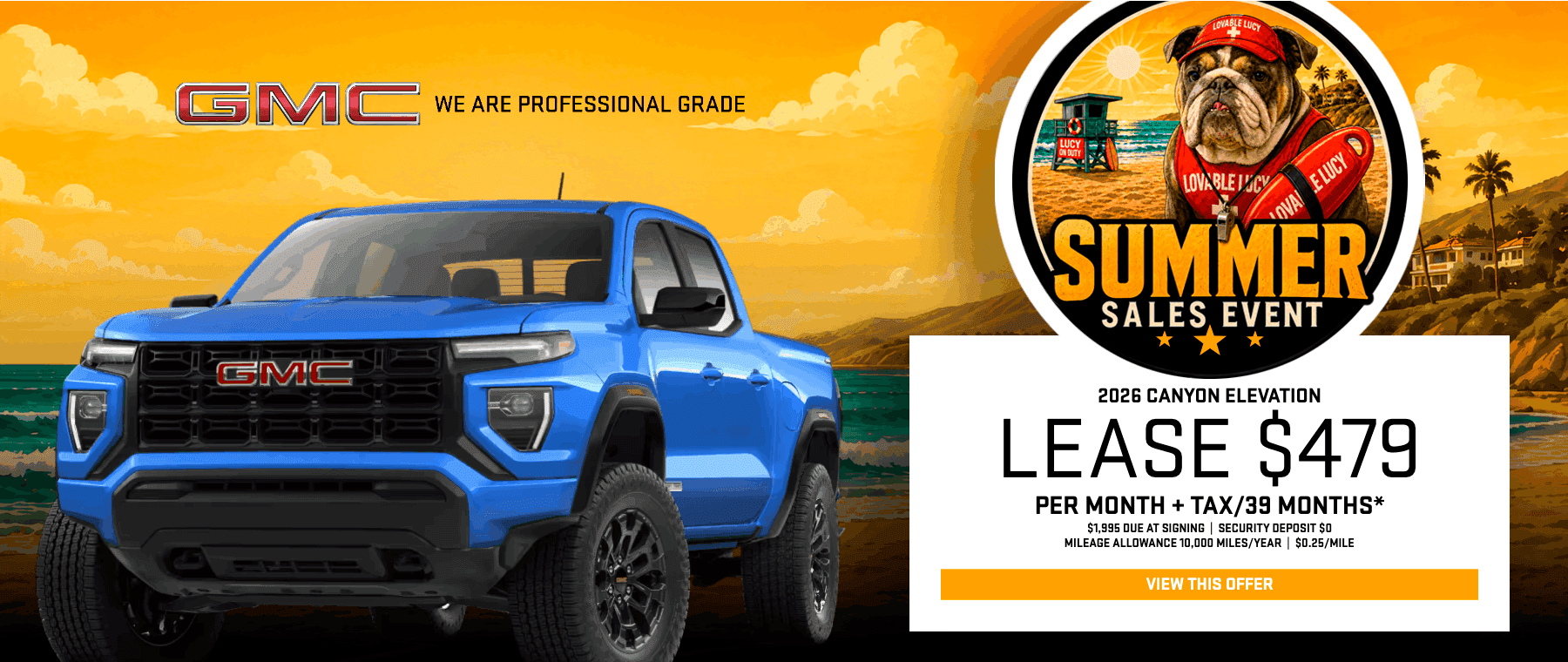 2026 GMC Canyon Elevation midsize truck summer lease promotion banner showing $479 per month at Magic GMC in Valencia, CA.