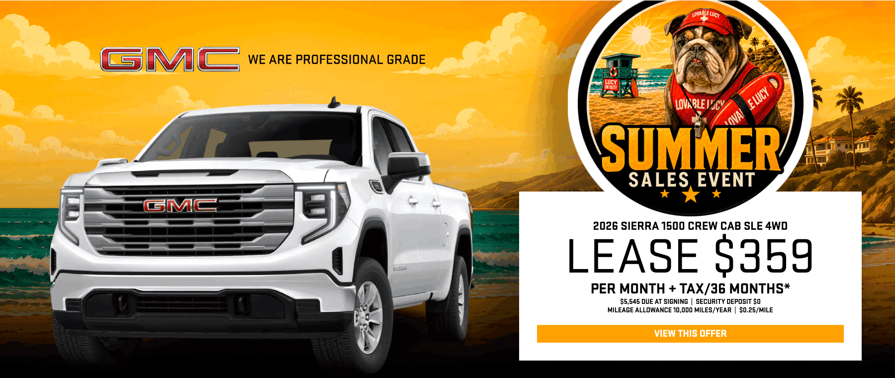 2026 GMC Sierra 1500 Crew Cab SLE 4WD truck banner advertising a Summer Sales Event lease offer of $359 a month at Magic GMC.
