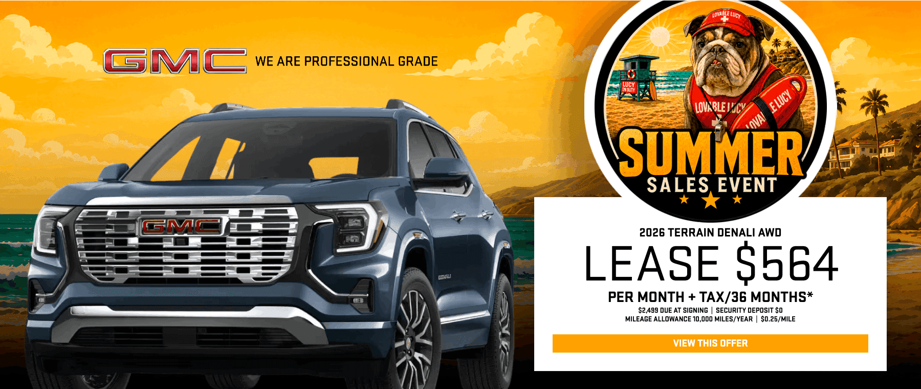 2026 GMC Terrain Denali AWD banner featuring a Summer Sales Event lease special of $564 per month at Magic GMC in Valencia, CA.