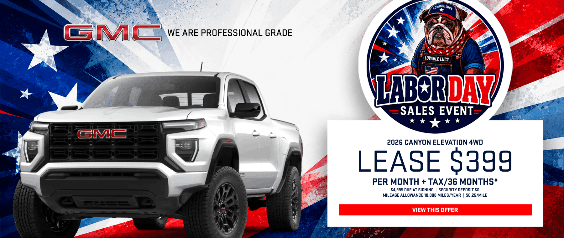 2026 GMC Canyon Elevation 4WD midsize pickup truck featured in a Labor Day sales promotion banner.