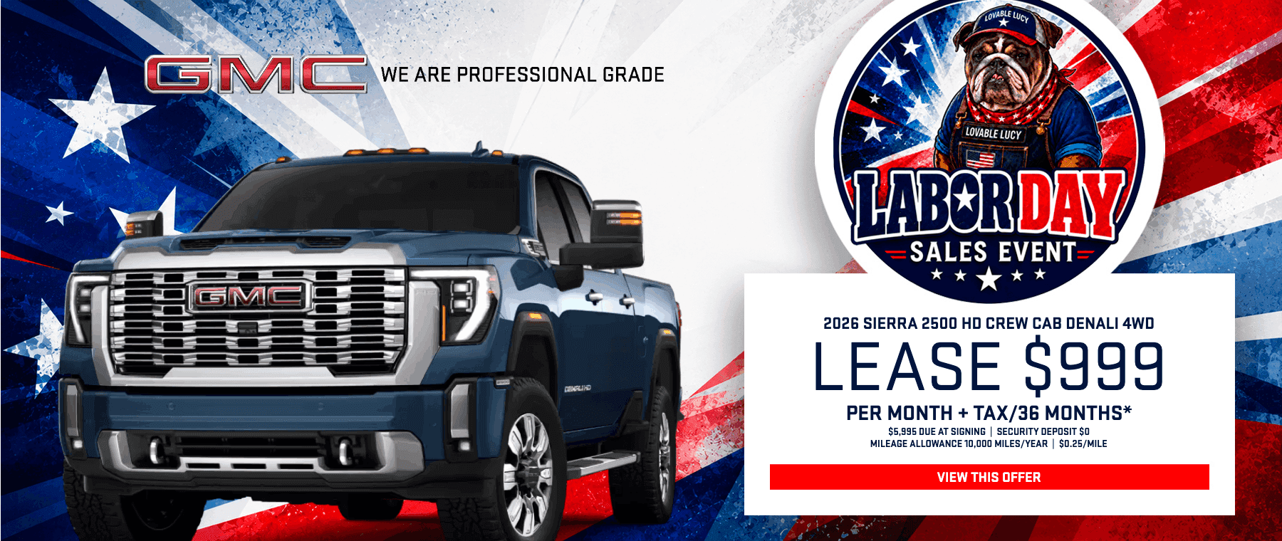 2026 GMC Sierra 2500 HD Crew Cab Denali 4WD heavy-duty truck showcased on a patriotic Labor Day Sales Event background.
