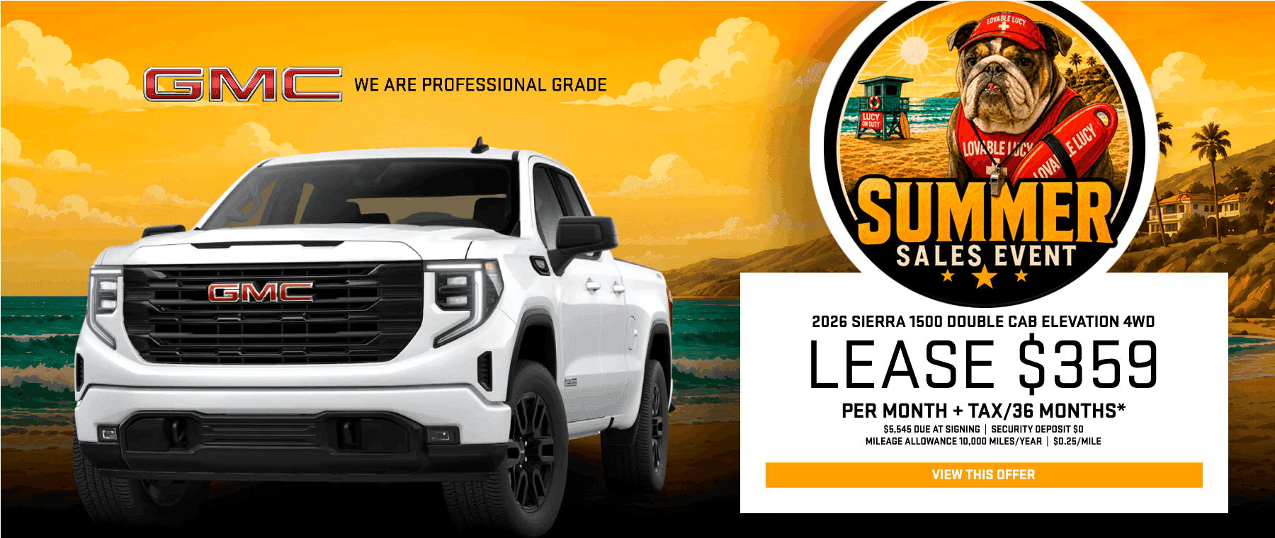 2026 GMC Sierra 1500 Double Cab truck banner advertising a Summer Sales Event lease offer of $359 a month at Magic GMC.