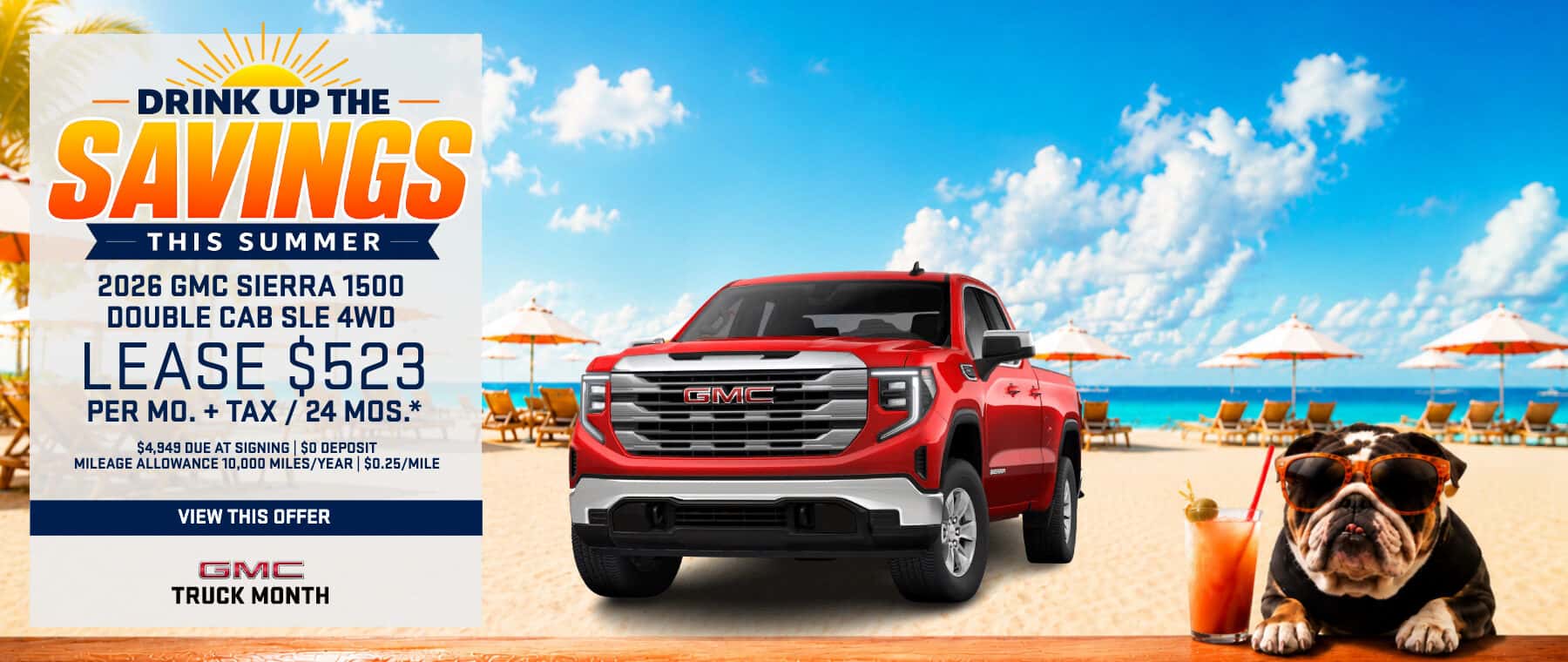 2026 GMC Sierra 1500 Double Cab SLE 4WD lease special near Valencia CA during the Drink Up The Savings Summer Sales Event.