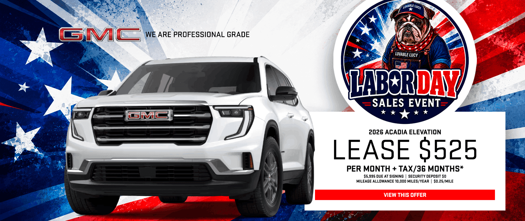 Magic GMC Labor Day Sales Event banner featuring a white 2026 GMC Acadia Elevation with an offer to lease for $525 per month for 36 months.