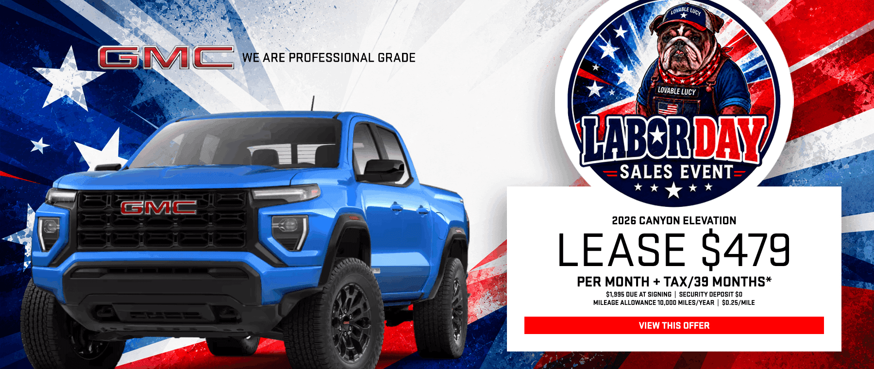 Magic GMC Labor Day promotion featuring a striking blue 2026 GMC Canyon Elevation pickup truck with a lease price of $479 per month.