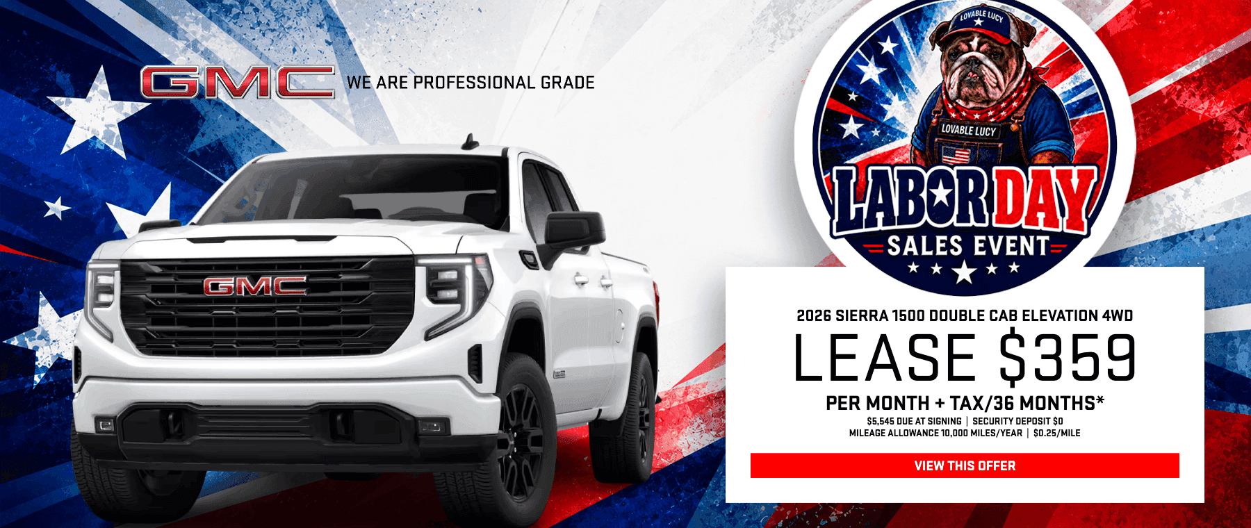 Magic GMC Labor Day Sales Event banner showcasing a white 2026 GMC Sierra 1500 Double Cab Elevation 4WD available to lease for $359 per month.