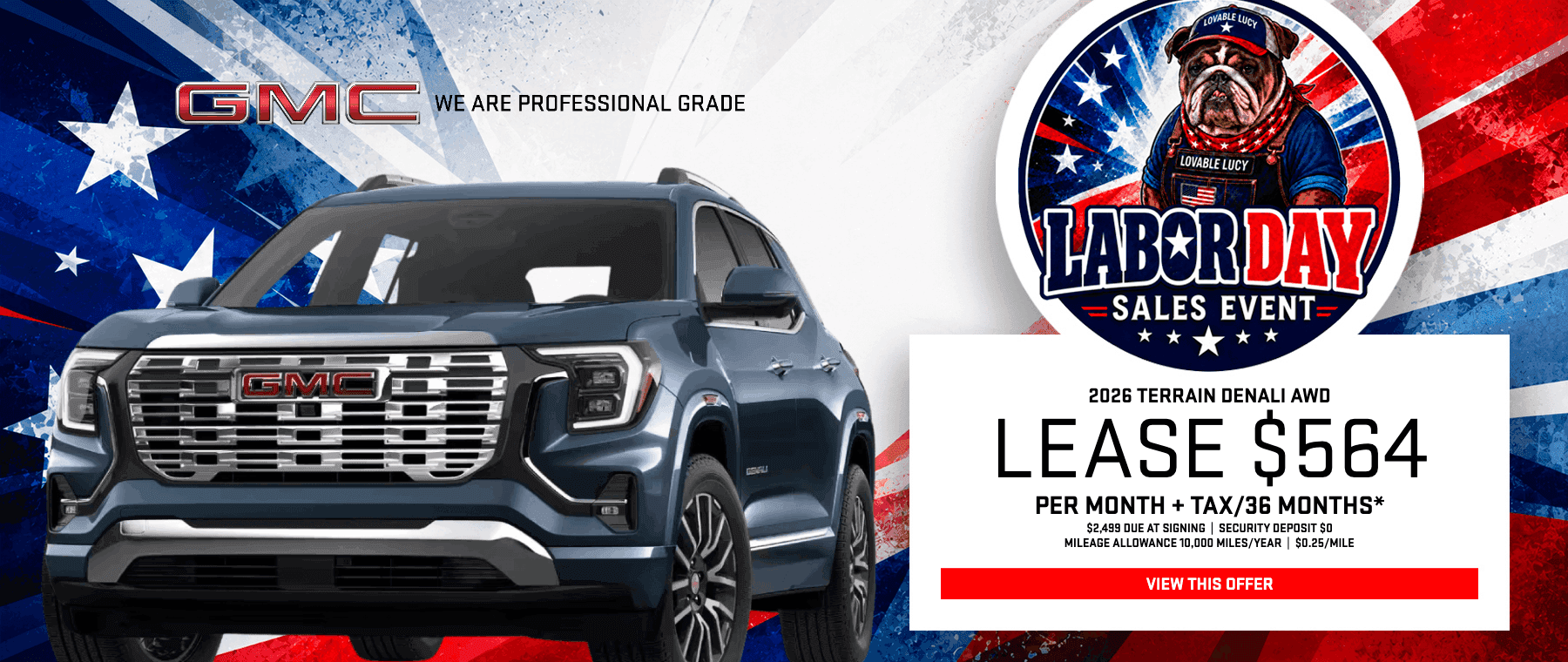 Magic GMC Labor Day Sales Event promotion highlighting a dark blue 2026 GMC Terrain Denali AWD compact SUV available for $564 per month.